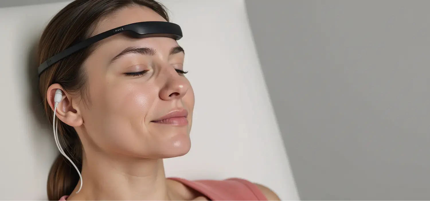 Neurofeedback Ergotherapie: Junge Frau liegt entspannt mit geschlossenen Augen auf einer Couch. Sie trägt Kopfhörer, ihre Lippen sind leicht zu einem Lächeln geformt. Hintergrund grau.